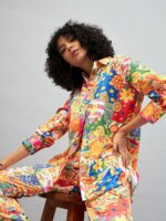 SASSAFRAS Yellow Floral Printed Spread Collar Opaque Casual Oversized Satin Shirt - Image 6