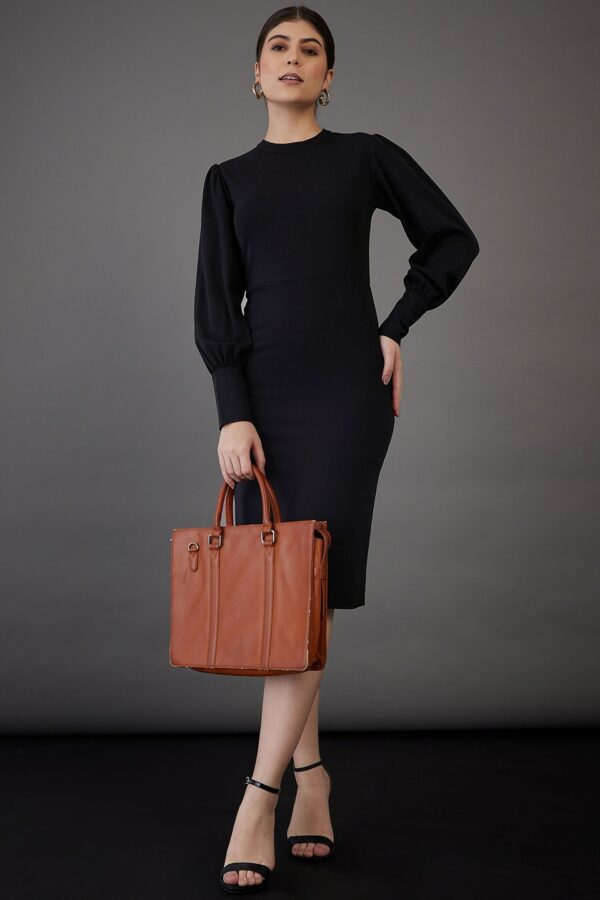 SASSAFRAS worklyf High Neck Puff Sleeves Formal Sheath Dress