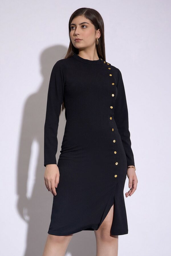 SASSAFRAS worklyf Round Neck Long Sleeves Button Detail Sheath Dress