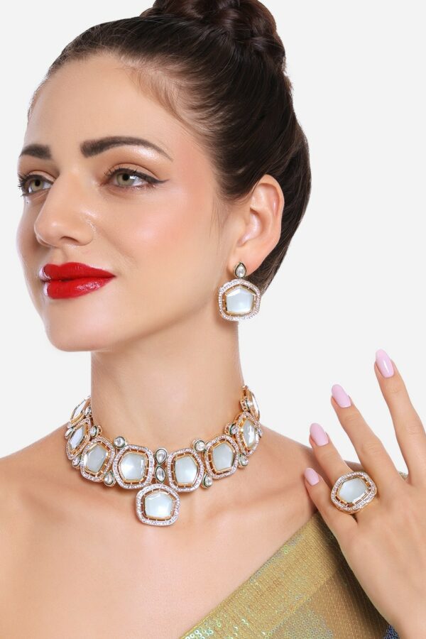 Zaveri Pearls Kundan & Austrian Diamond Choker Necklace with Earring & Ring Set