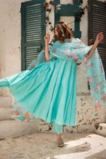 BLUE BERRY PURE COTTON ANARKALI SET WITH ORGANZA DUPATTA - Image 2
