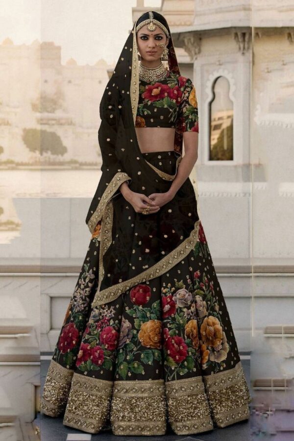 FABPIXEL Black Floral Digital Printed Art Silk Bridal Lehenga Choli