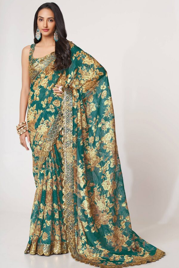 FABPIXEL Floral Printed Organza Saree