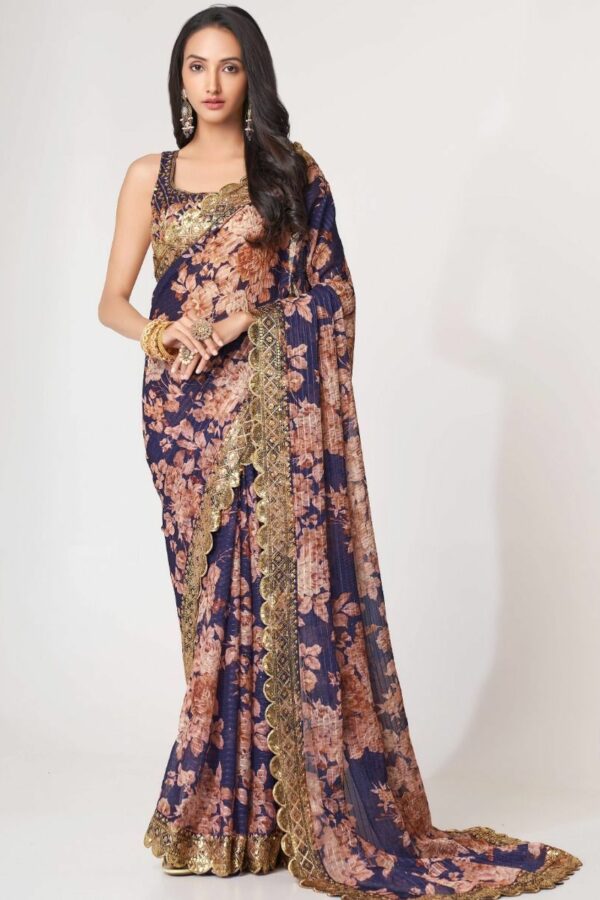 FABPIXEL Floral Printed Organza Saree