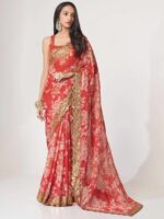 FABPIXEL Floral Printed Organza Saree