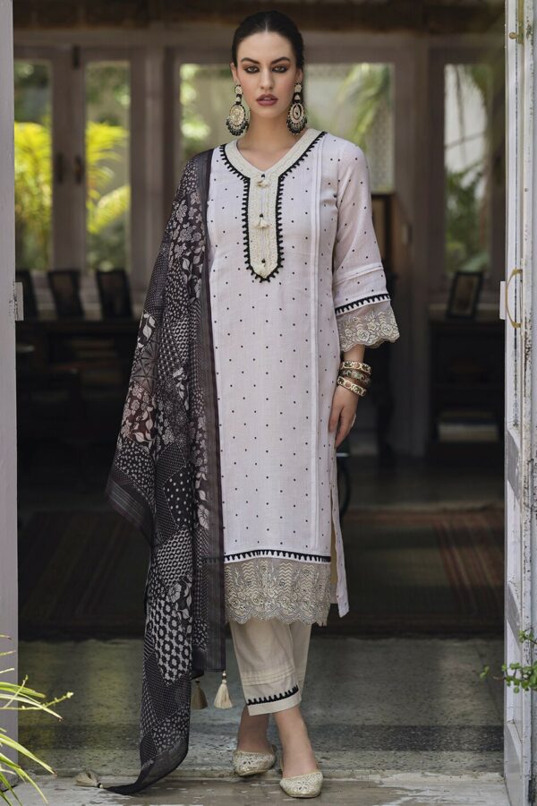 Indo Era Cream-Coloured & Black Floral Embroidered Thread Work Linen Kurta Set