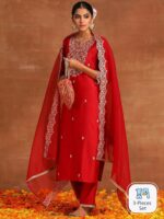 Indo Era Floral Embroidered Regular Sequinned Kurta With Palazzos & Dupatta