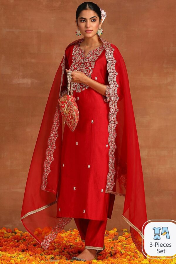 Indo Era Floral Embroidered Regular Sequinned Kurta With Palazzos & Dupatta