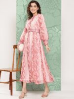 Juniper Abstract Printed Belted Fit & Flare Ethnic Dress - Image 5
