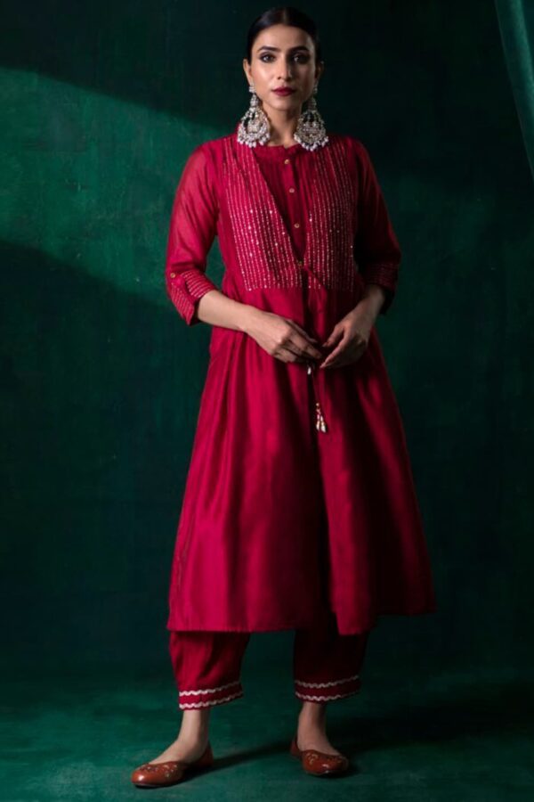 Juniper Chanderi Embroidered Jacket Fit and Flare Midi Dress