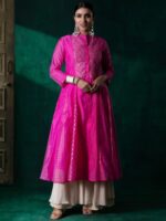 Juniper Ethnic Motif Woven Design Mandarin Collar Zari Chanderi Silk Anarkali Kurta