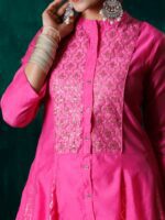 Juniper Ethnic Motif Woven Design Mandarin Collar Zari Chanderi Silk Anarkali Kurta - Image 2