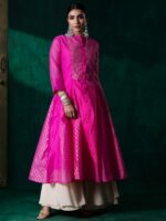Juniper Ethnic Motif Woven Design Mandarin Collar Zari Chanderi Silk Anarkali Kurta - Image 3