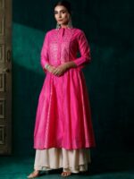 Juniper Ethnic Motif Woven Design Mandarin Collar Zari Chanderi Silk Anarkali Kurta - Image 5