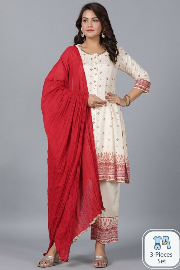 Juniper Ethnic Motifs Printed Panelled Thread Work Kurta With Trousers & Dupatta