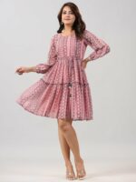 Juniper Geometric Printed Puff Sleeves Sequined Tiered Fit & Flare Dress