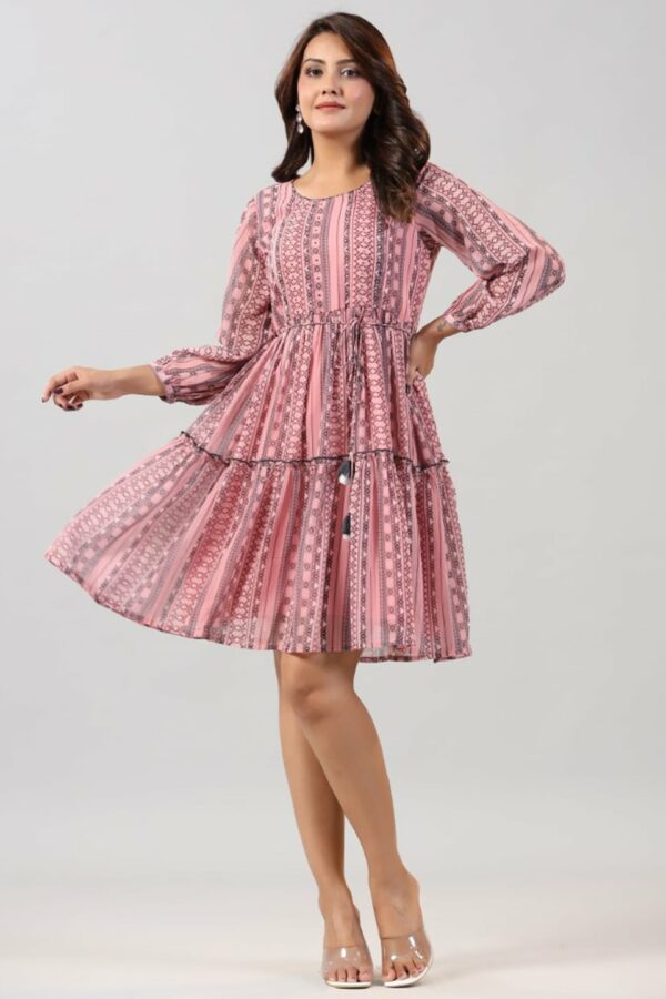 Juniper Geometric Printed Puff Sleeves Sequined Tiered Fit & Flare Dress
