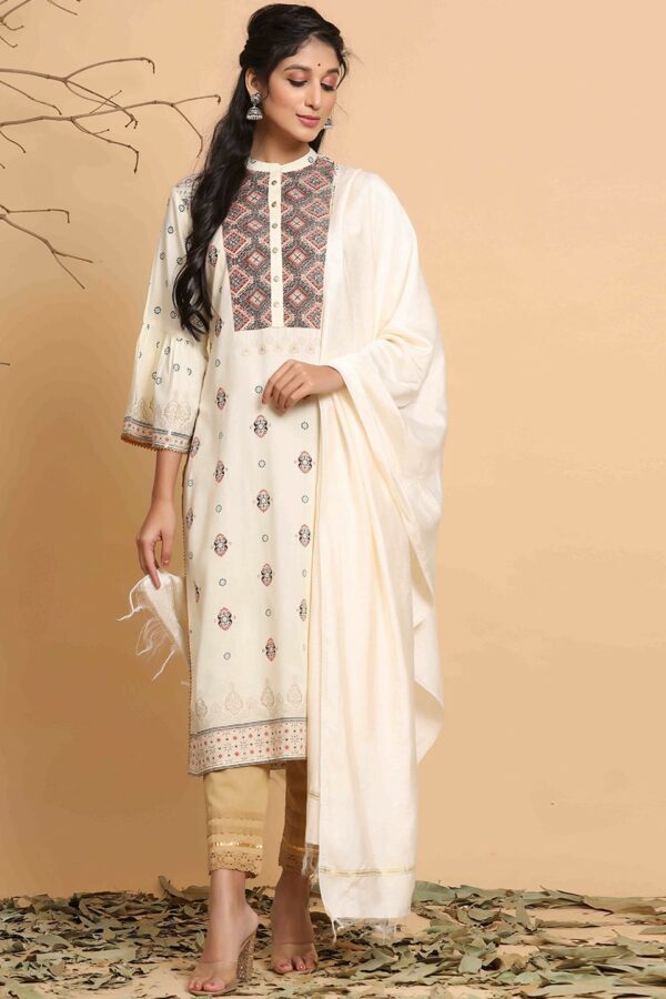 Juniper Off White & Brown Ethnic Motifs Printed Regular Kurta with Trousers & With Dupatta