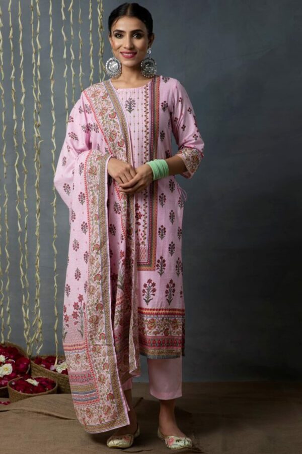 Juniper Purple Floral Printed Straight Beads and Stones Kurta With Trousers & Dupatta