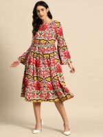 MABISH by Sonal Jain Abstract Printed Gathered Detail Midi Fit & Flare Waisted Dress