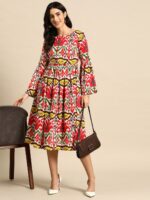 MABISH by Sonal Jain Abstract Printed Gathered Detail Midi Fit & Flare Waisted Dress - Image 5