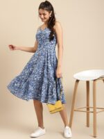 MABISH by Sonal Jain Blue & White Cotton Ethnic Motif Print Midi A-Line Dress - Image 5