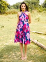 MABISH by Sonal Jain Floral Printed Halter Neck Georgette Fit & Flare Dress