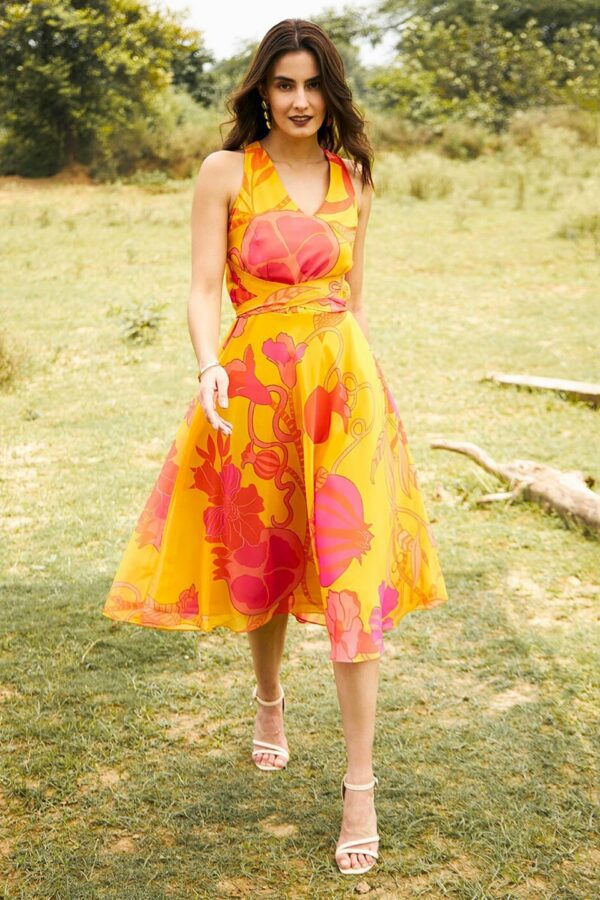 MABISH by Sonal Jain Floral Printed Halter Neck Sleeveless Georgette Fit & Flare Dress