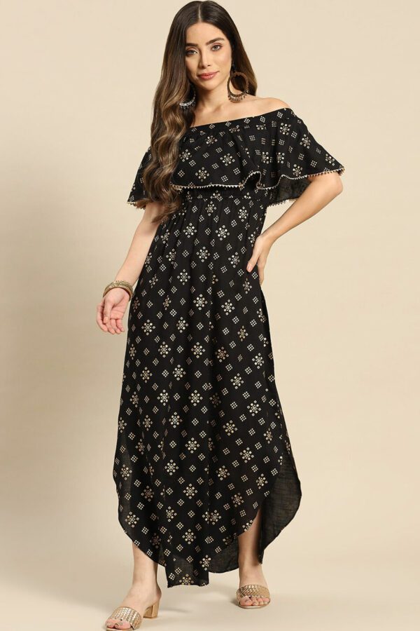 MABISH by Sonal Jain Geometric Printed Off Shoulder Gotta Patti Sheath Maxi Dress