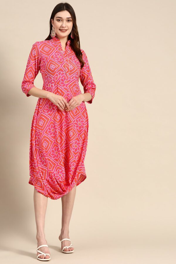 MABISH by Sonal Jain Mandarin Collar Leheriya Front Cowl Midi Ethnic Dress
