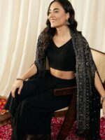 MABISH by Sonal Jain V-Neck Sleeveless Crop Top With Draped Skirt & Cape - Image 6