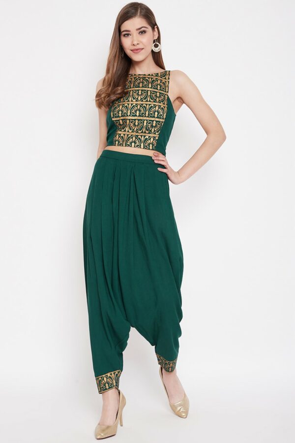 MABISH by Sonal Jain Women Green & Golden Printed Top with Dhoti Pants