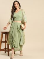 MABISH by Sonal Jain Women Green Printed Top with Pleated Skirt & Jacket - Image 8