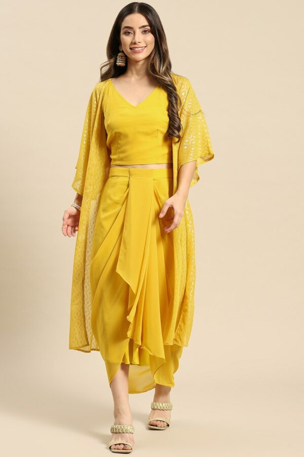 MABISH by Sonal Jain Women Yellow Printed Crop Top with Draped Skirt