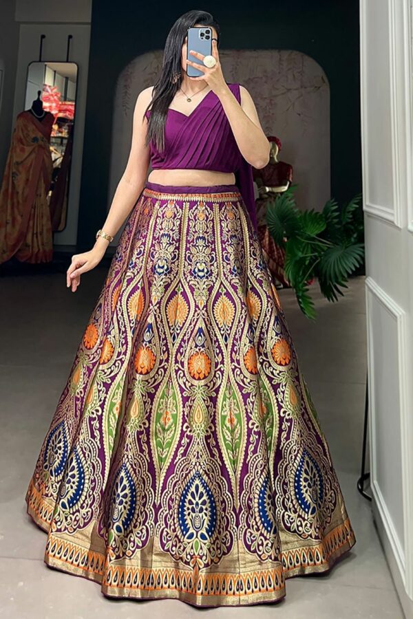 Purple Zari Weaving Silk Indo-Western Crop Top Lehenga