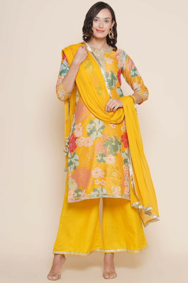 Bhama Couture Floral Printed Sequinned Chanderi Silk Kurta & Palazzos with Dupatta