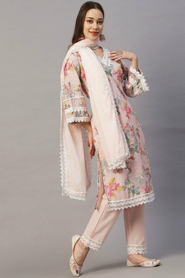 FASHOR Peach-Coloured Floral Printed Lace Pure Cotton Kurta with Trousers & Dupatta