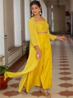 KASYA Embellished Shoulder Straps Ethnic Top With Palazzos & Shrug - Image 3