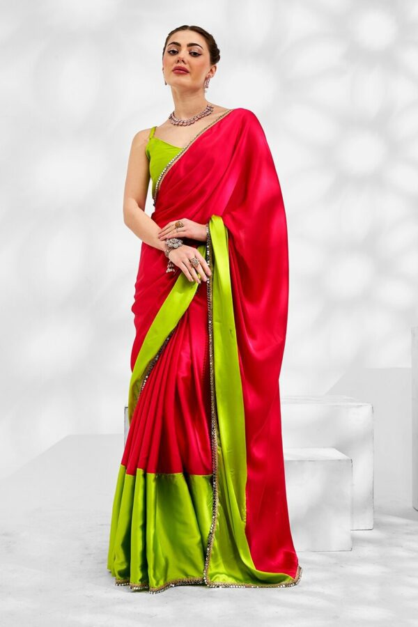 Kalista Colourblocked Mirror Work Satin Saree