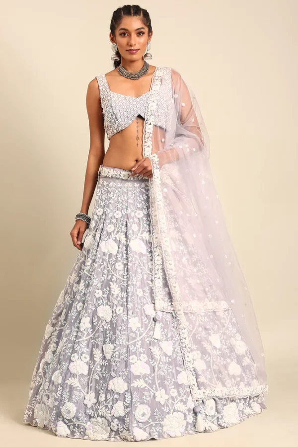 Lavender - White Color Sequined Chinon Embroidered Semi-Stitched Lehenga choli