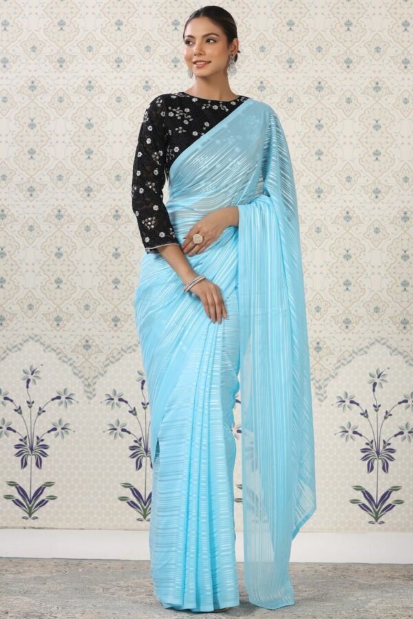 Ode by House of Pataudi Blue Striped Sequinned Satin Saree