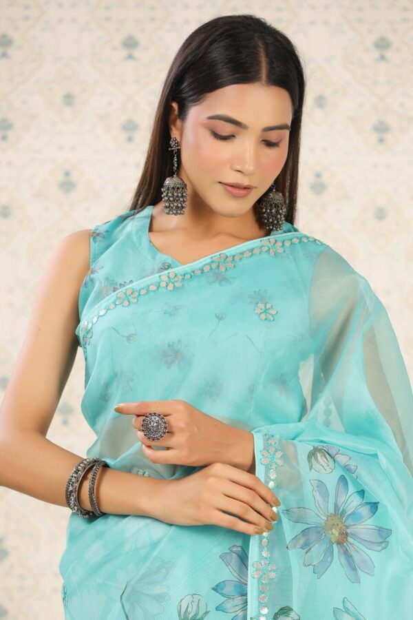 Ode by House of Pataudi Turquoise Blue Floral Printed Mirror Work Organza Saree