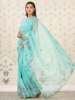 Ode by House of Pataudi Turquoise Blue Floral Printed Mirror Work Organza Saree - Image 3