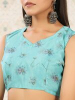 Ode by House of Pataudi Turquoise Blue Floral Printed Mirror Work Organza Saree - Image 7