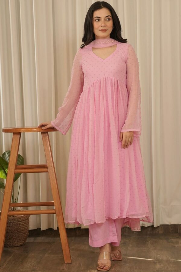 OneWe Geometric Self Design V-Neck Flared Sleeves Straight Kurta With Trousers & Dupatta