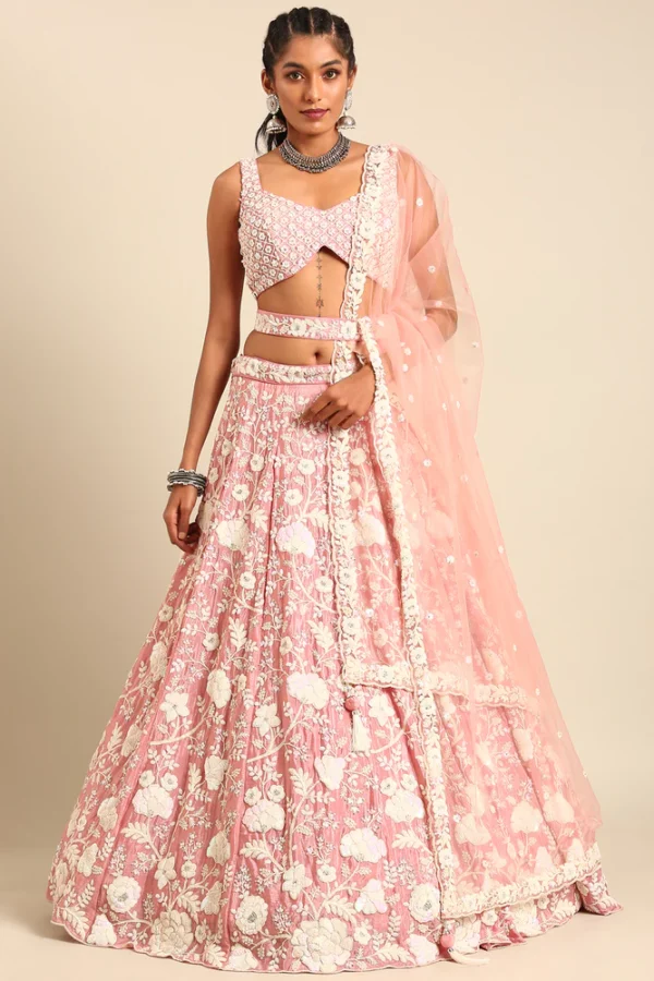 Rosegold - White Color Sequined Chinon Embroidered Semi-Stitched Lehenga choli