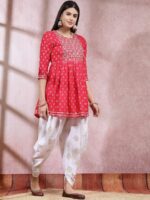 Stylum Pink Ethnic Motifs Printed & Embroidered Empire Anarkali Kurti With Dhoti Pant - Image 3