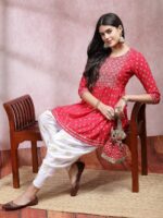 Stylum Pink Ethnic Motifs Printed & Embroidered Empire Anarkali Kurti With Dhoti Pant - Image 6