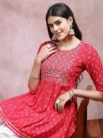 Stylum Pink Ethnic Motifs Printed & Embroidered Empire Anarkali Kurti With Dhoti Pant - Image 7