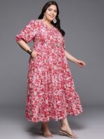 A PLUS BY AHALYAA Plus Size Floral Printed Puff Sleeves Pure Cotton Maxi Ethnic Dress - Image 4